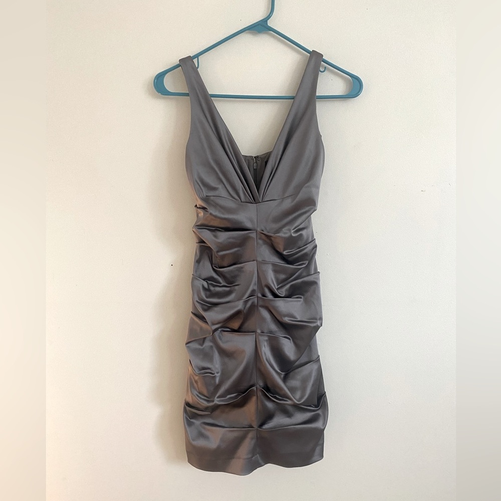 Nicole Miller Pewter Ruched Satin Sheath Dress